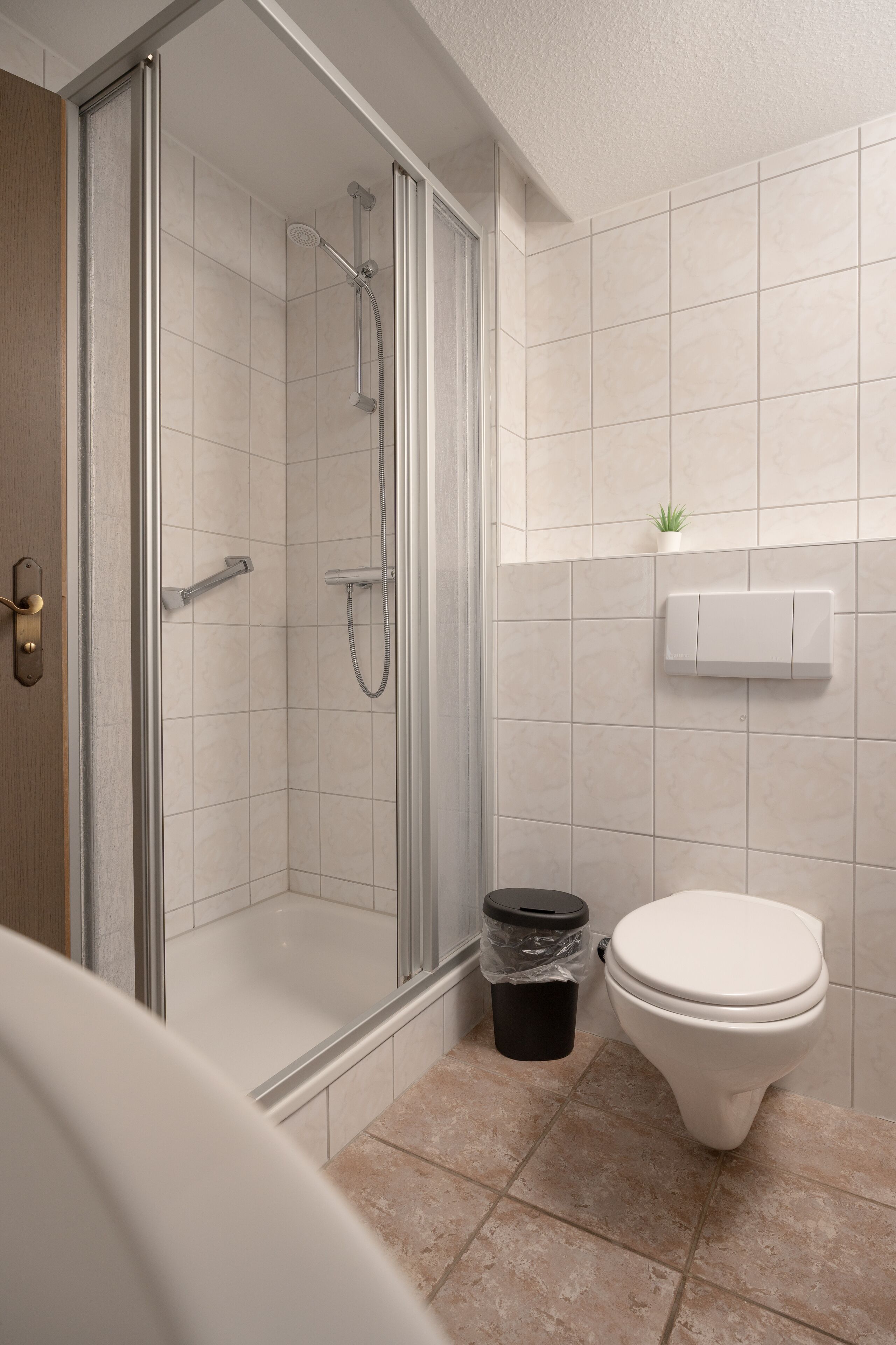 Une salle de bain moderne avec une douche à parois de verre, des toilettes et une poubelle.