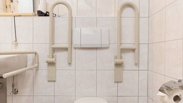 A bathroom with a toilet, sink, mirror, and handrails.