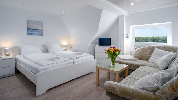 Een moderne slaapkamer met een groot bed, een bank, een televisie en een raam met uitzicht.