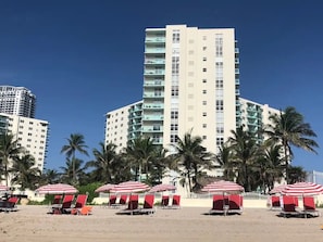 A beachfront hotel with multiple floors, palm trees, and red and white striped beach umbrellas. - ☀️ Oceanfront condo, free parking included, supermarket across the street (Hollywood)