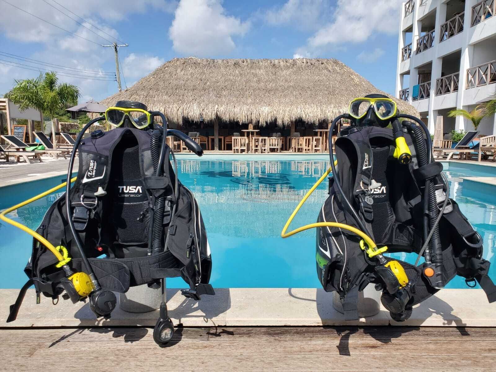 Two scuba diving tanks by TUSA beside a pool with a thatched-roof building in the background.