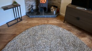 A living room with a stone fireplace, a television, and a small table with a plant.