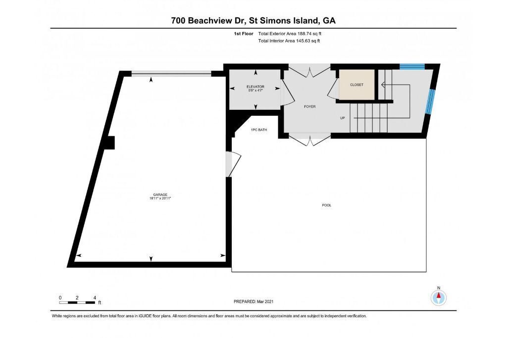 A floor plan of 700 Beachview Dr, St Simons Island, GA, including a garage, pool, and various rooms.