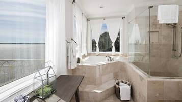 Combined shower/bathtub, jetted bath, hair dryer, towels