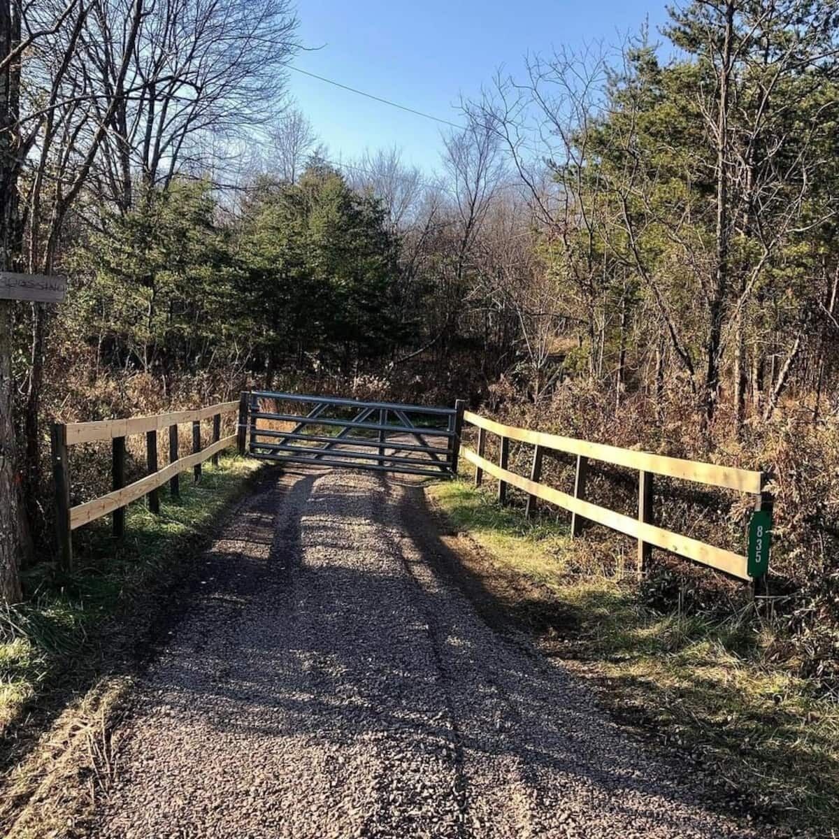 Un sendero de grava que conduce a una entrada con puerta, rodeada de árboles.