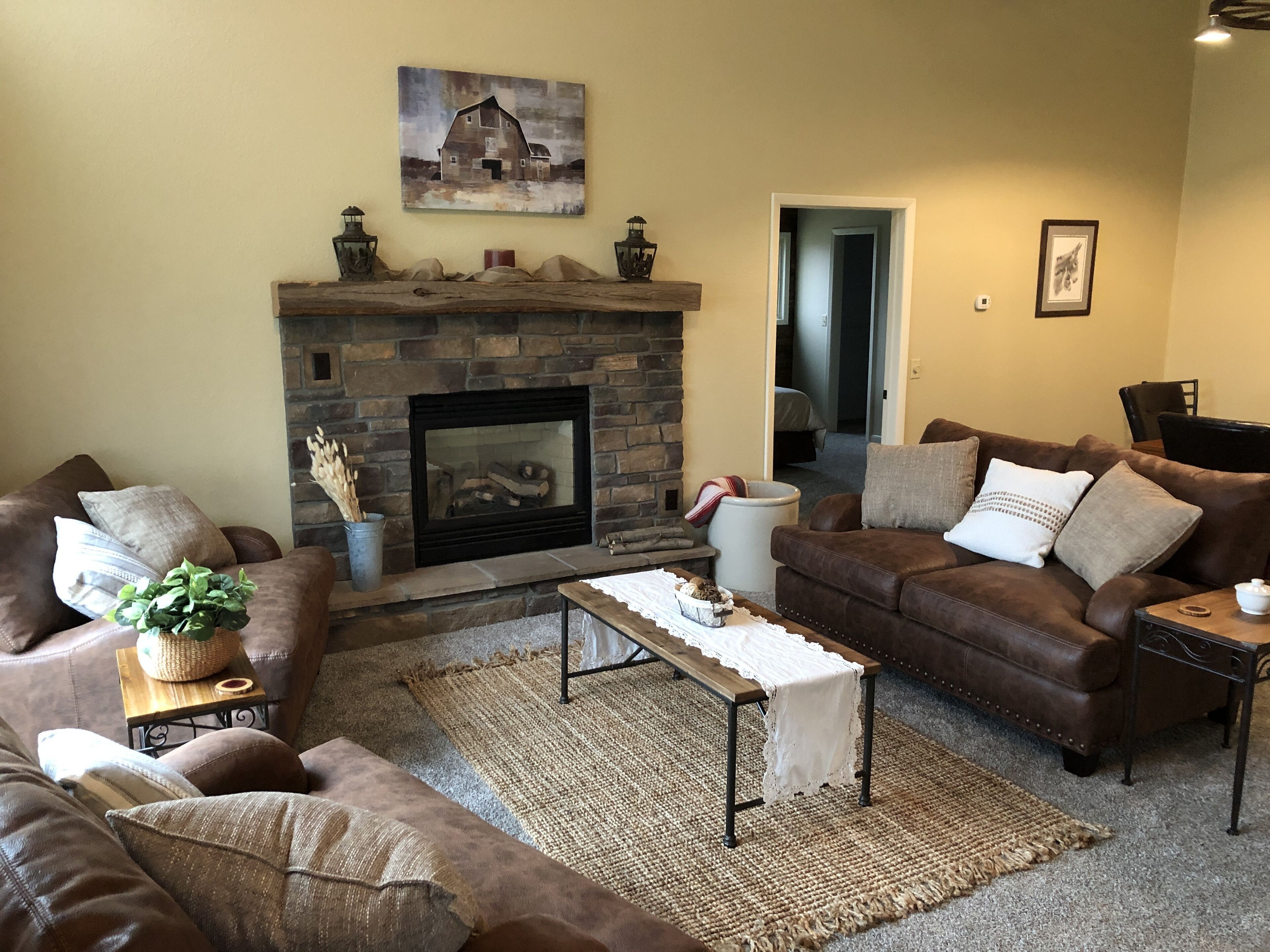 Smart TV, fireplace, books, stereo