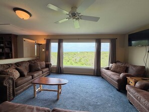 Smart TV, fireplace, books, stereo