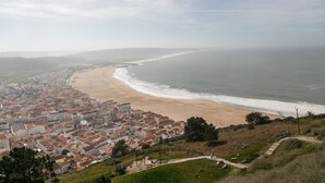 Eine Küstenstadt mit Strand, Gebäuden und blauem Himmel.