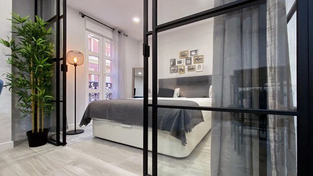A modern bedroom with a large bed, a bedside table, a floor lamp, and a potted plant. - Madrid Styles - One-bedroom apartment (Madrid)