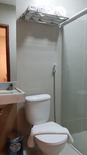 Chuveiro, secador de cabelo, toalhas de banho, sabonete