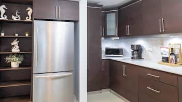 Fridge, microwave, oven, coffee/tea maker