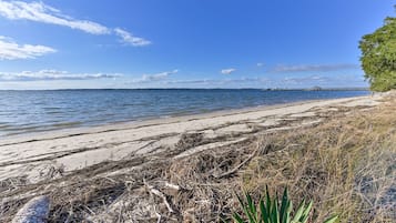 On the beach, sun-loungers, beach towels