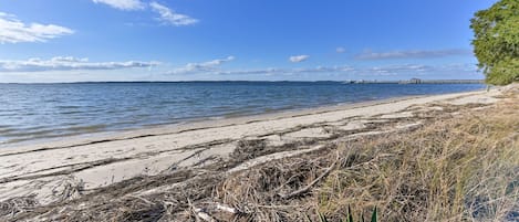 On the beach, sun-loungers, beach towels