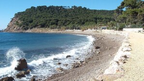 Una playa de guijarros, un litoral rocoso y una colina boscosa al fondo.