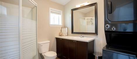 Shower, towels, soap, toilet paper