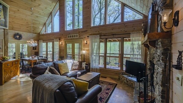 Smart TV, fireplace, DVD player, books