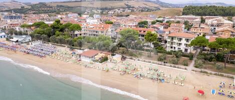 Ovenfra set kystby med strand, parasoller og strandstole.
