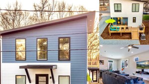 Une maison moderne à deux étages, dotée d’un porche abrité, d’un petit jardin devant et d’un escalier apparent menant à l’entrée.
