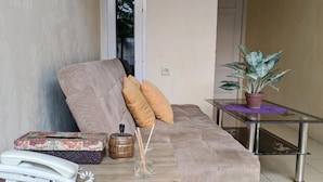 A living room with a sofa, cushions, a glass coffee table, a telephone, a decorative box, a small plant, and a wall-mounted light switch.