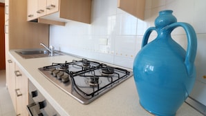 Eine Küche mit einem Gaskochfeld, einem Spülbecken und einer blauen Vase auf der Arbeitsfläche.