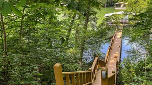 Un puente de madera que conduce a un muelle sobre un cuerpo de agua tranquila, rodeado de abundante vegetación.