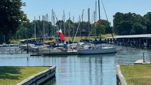 A marina with multiple sailboats docked, a grassy area in the foreground, and a building in the background. - New! Lakefront 2-bedroom Condo. Newly remodeled. (Willis)