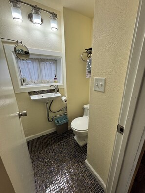A small bathroom with a toilet, a sink, a window with a curtain, and a trash bin.