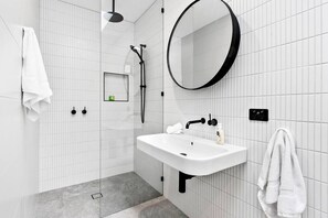 Shower, hair dryer, towels