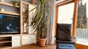 A modern living room with a television, wooden cabinet, potted plant, and a black leather chair. - mein.guesthouse - apartment 1 - approx. 45sqm with large sun terrace  (Haundorf)
