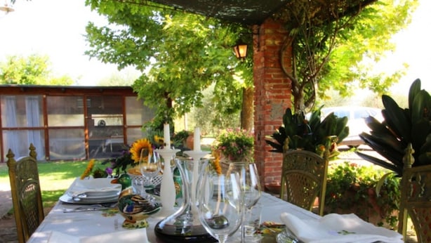 Une table à manger d’extérieur, dressée avec des assiettes, des verres et des couverts, entourée de chaises et de plantes en pot.