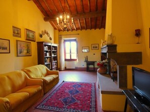 Un salon avec un canapé jaune, une cheminée, un téléviseur et une bibliothèque.