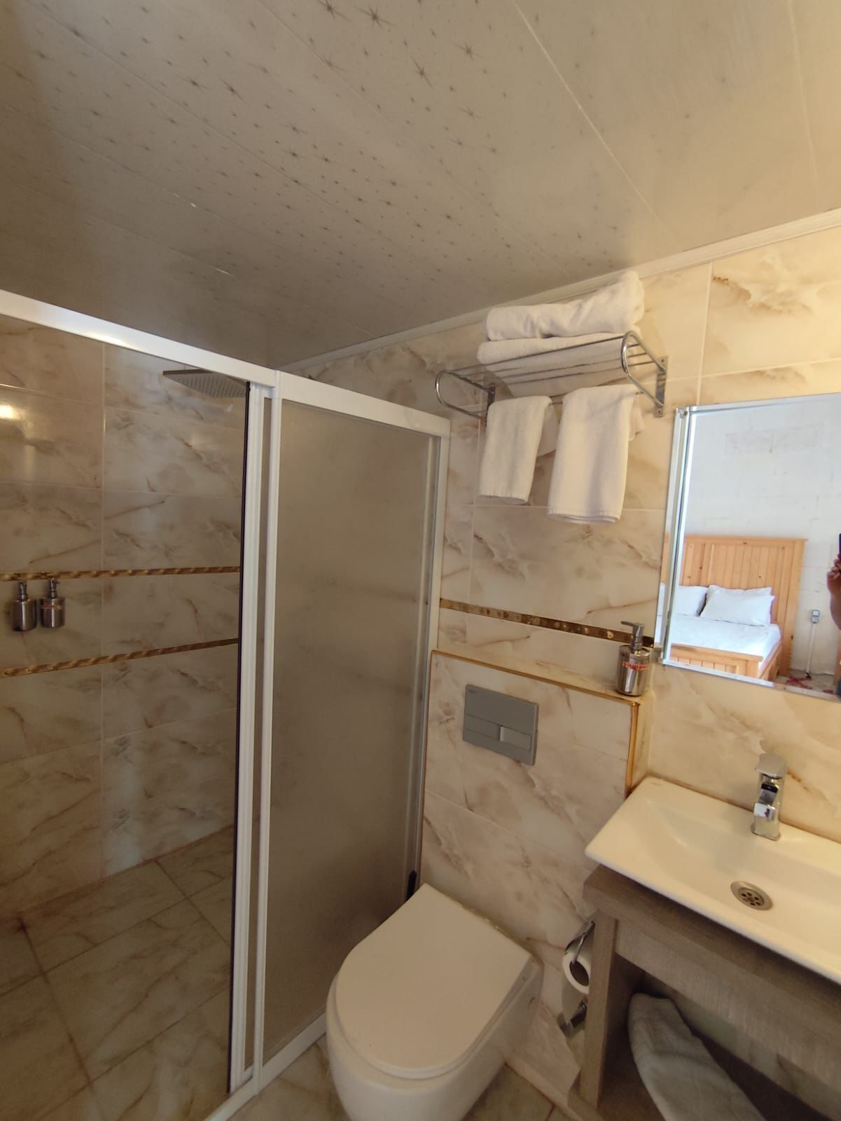A bathroom with a glass shower enclosure, a toilet, a sink with a mirror, and a towel rack with towels.