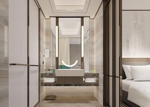 A modern hotel bathroom with a large mirror, dual sinks, and a vanity with a towel rack. - Holiday Inn Taiyuan City Center (Taiyuan)