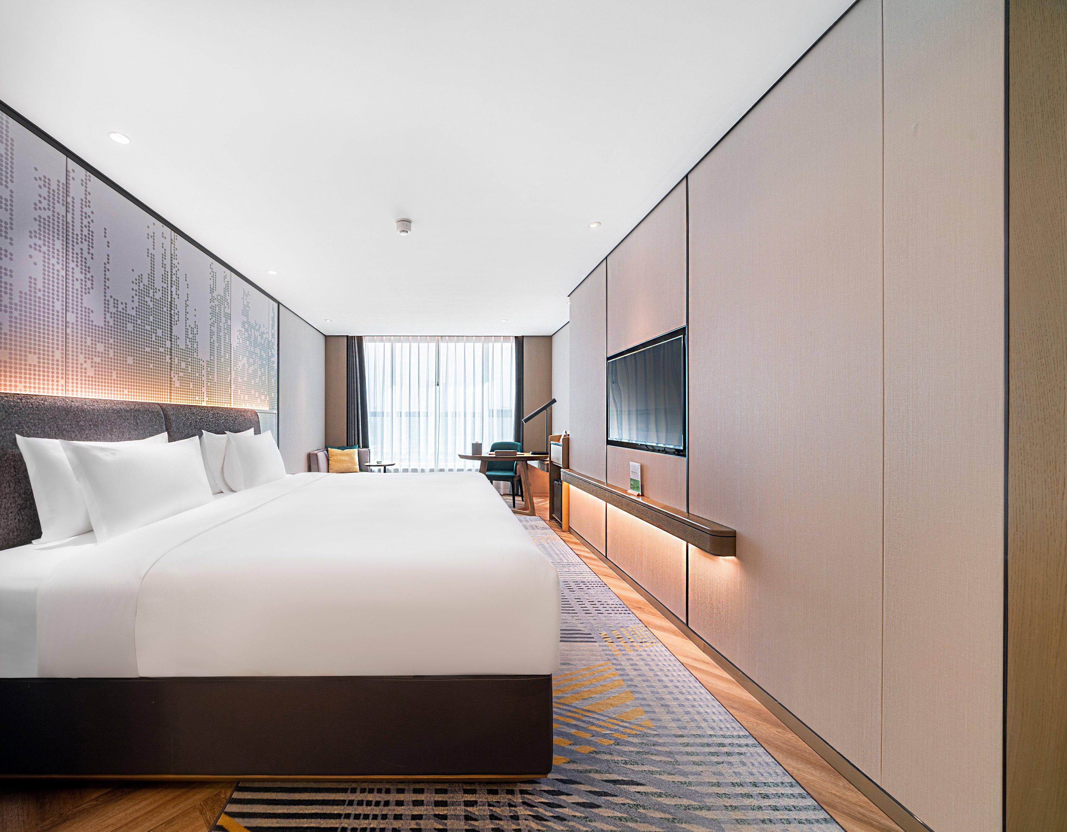 Una habitación de hotel moderna con una cama grande, un televisor de pantalla plana montado en la pared y una obra de arte con vistas a la ciudad.