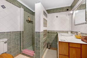 Banheira, secador de cabelo, toalhas de banho 