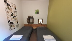 A room with two single beds, a small round table, a wall-mounted mirror, and a small potted plant. - Gîte "Manoir" with garden by the river, near Clisson (Gétigné)