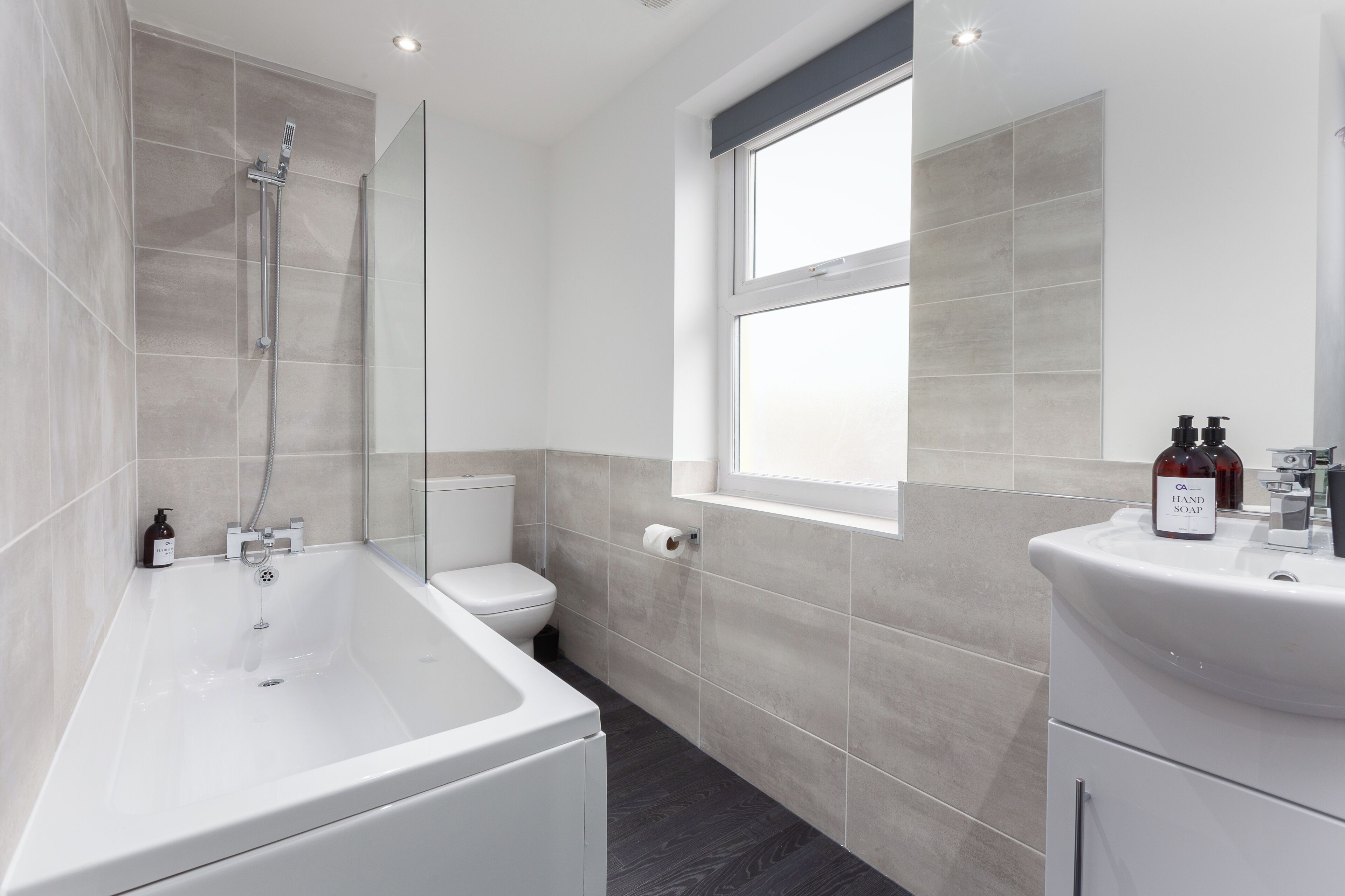 Combined shower/bathtub, hair dryer
