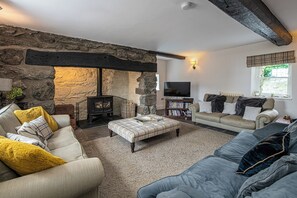 A cozy living room with a stone fireplace, a television, and a bookshelf.