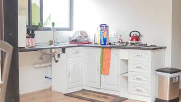 Fridge, microwave, stovetop, electric kettle