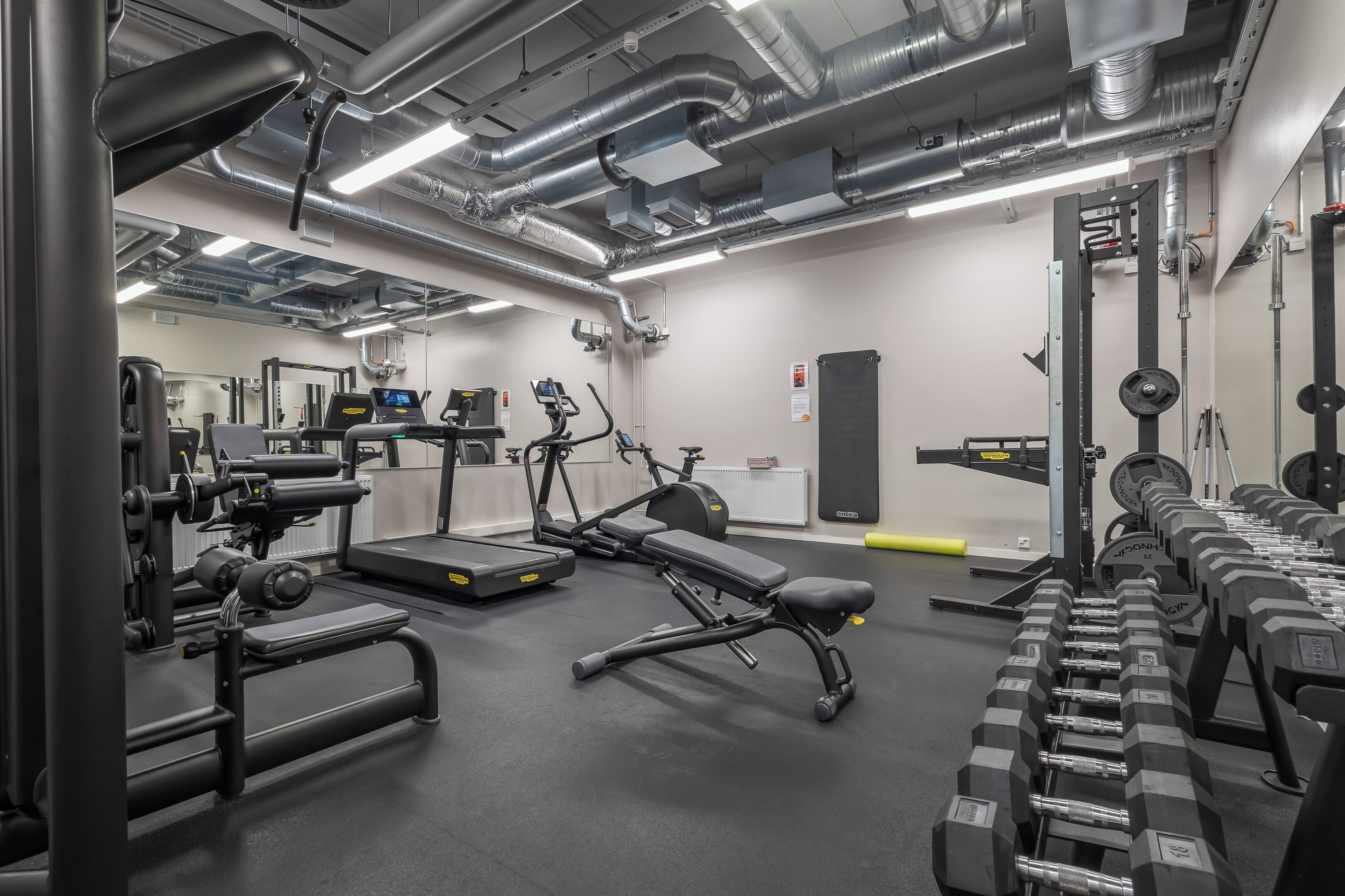 Ein Fitnessstudio mit verschiedenen Trainingsgeräten, darunter Laufbänder, Crosstrainer und Kurzhanteln.