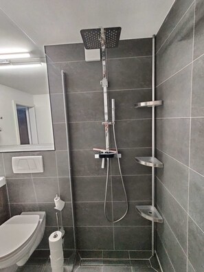 Une salle de bain moderne équipée d’une douche, de toilettes et d’un lavabo.
