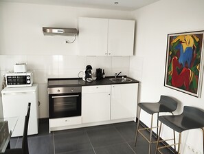 Fridge, oven, stovetop, electric kettle