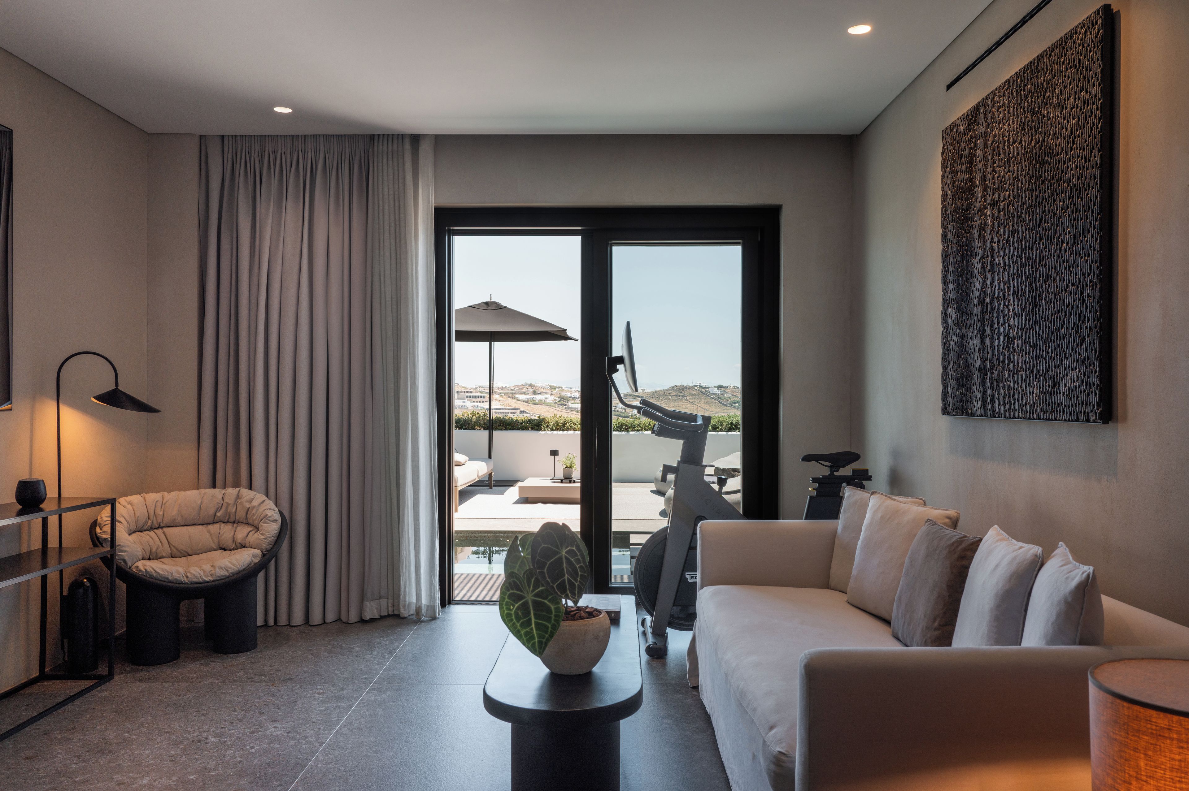 A modern living room with a sofa, a chair, a table with a plant, a bike, and a view of the outdoors through a glass door.