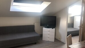 Una stanza con un divano, una TV su un mobile, una lampada a soffitto e una porta che dà su un'altra stanza.