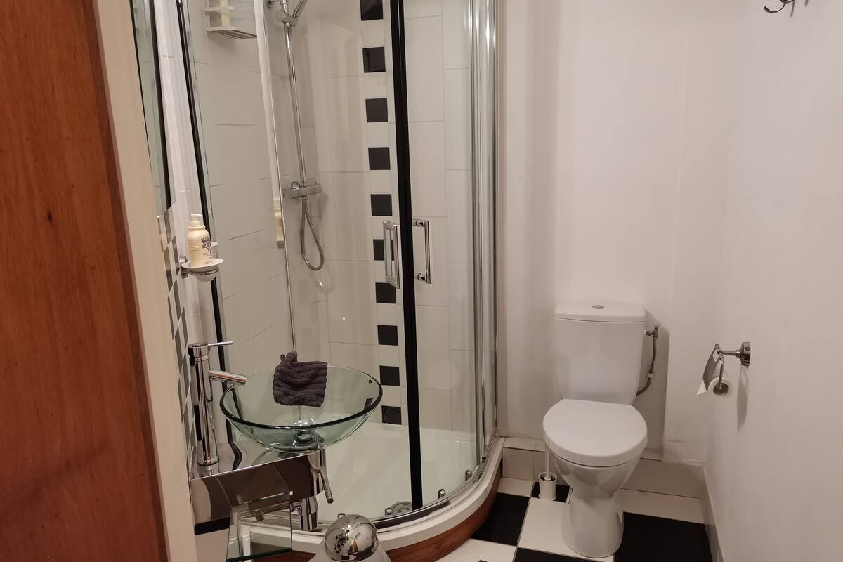 A bathroom with a glass-enclosed shower, a glass sink, a toilet, and a checkered floor.