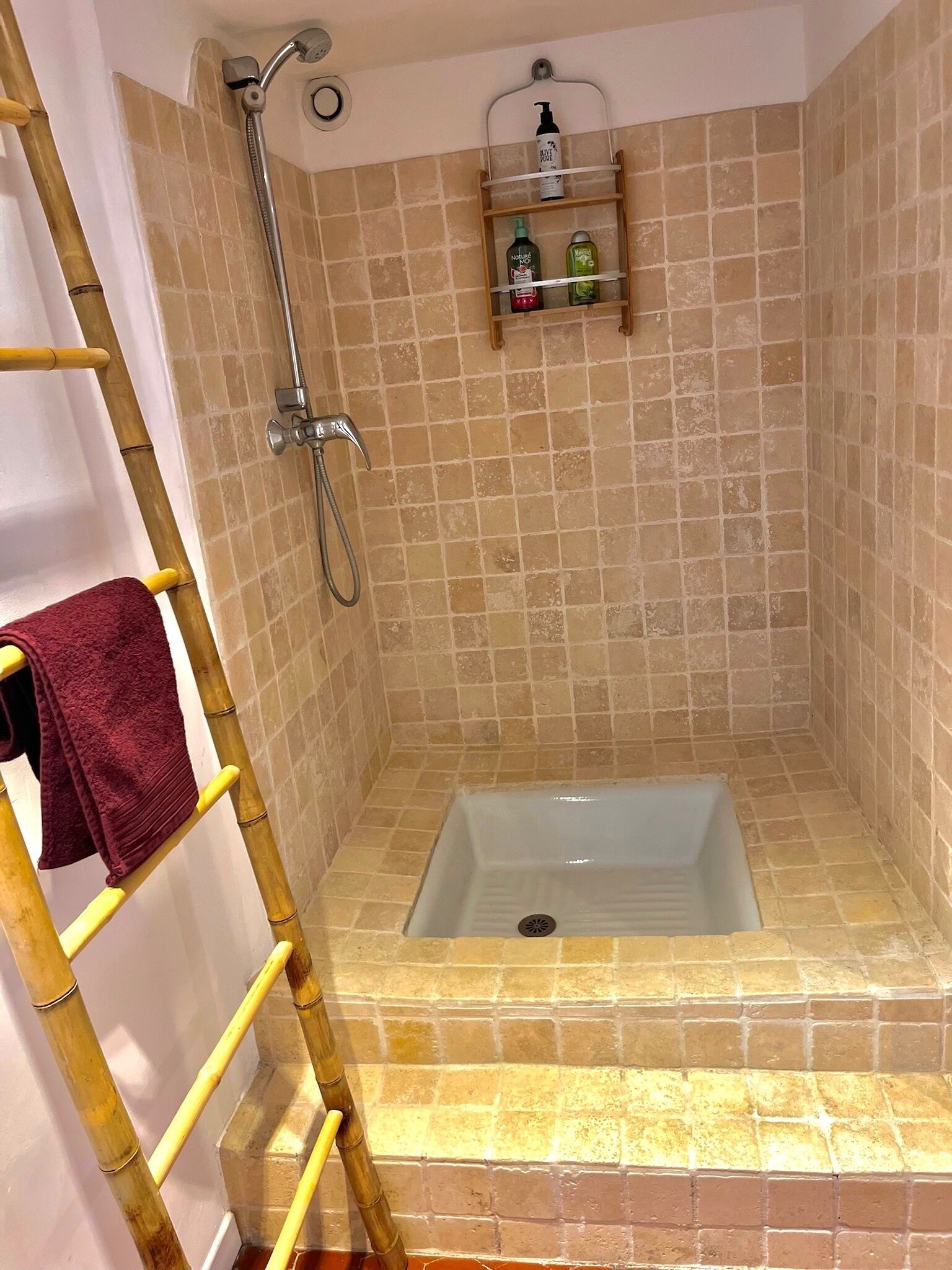 Shower, towels, soap, shampoo
