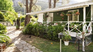 A green house with a white porch, stone pathway, and hanging plants. - Lukkies Lodge (Kemer)