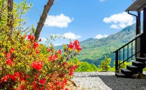 A view of a mountain landscape with a building featuring a staircase and a gravel path.