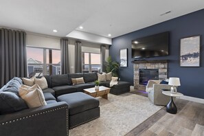 Smart TV, fireplace, DVD player, foosball