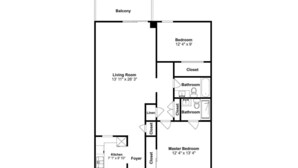A floor plan of a house with a balcony, living room, kitchen, master bedroom, and two bathrooms. - Sans Souci #605 | Gulf Front Condo! (Pensacola Beach)